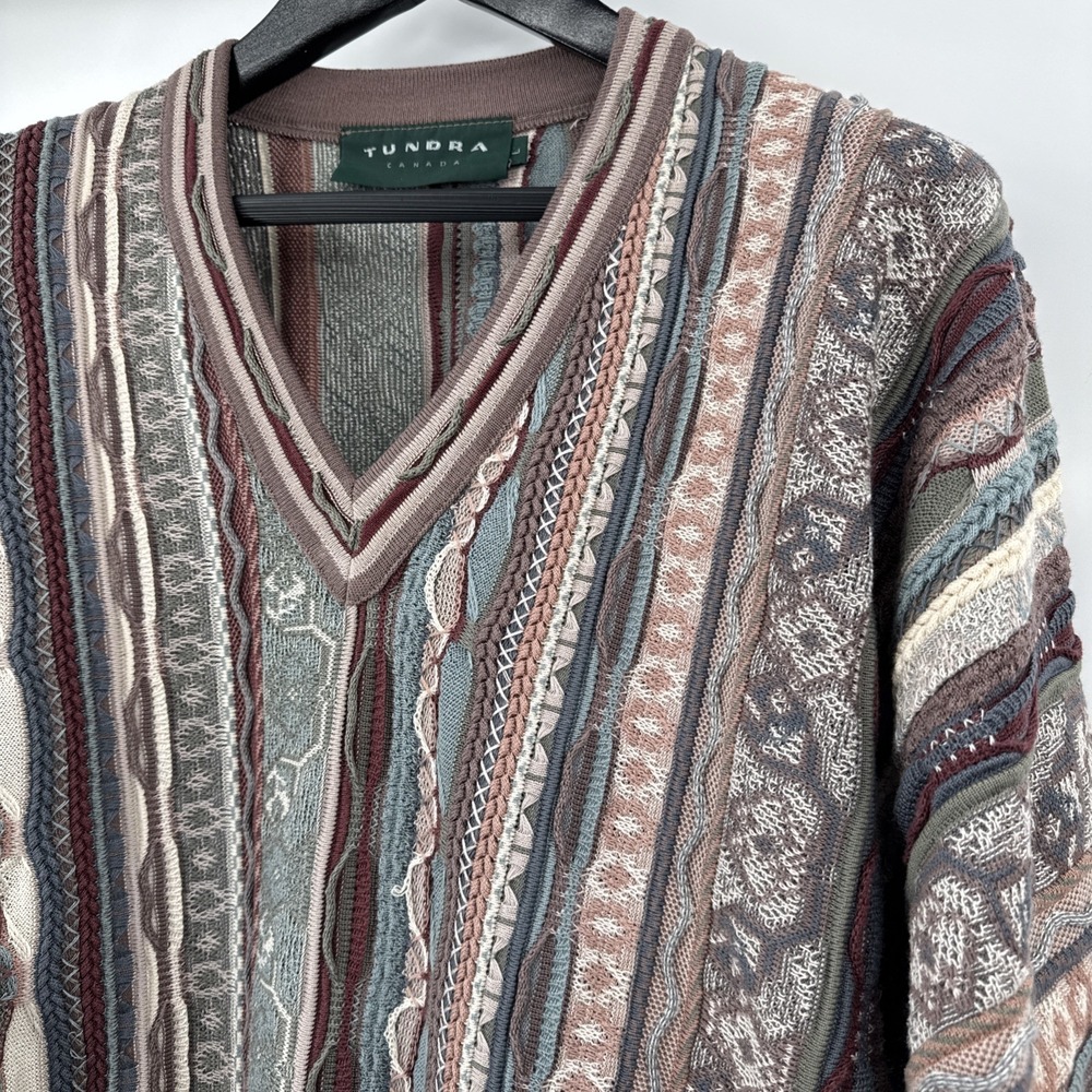 Tundra Canada Coogi Style 3D‎ Knit Sweater 90s Vintage Large Gray Blue Excellent